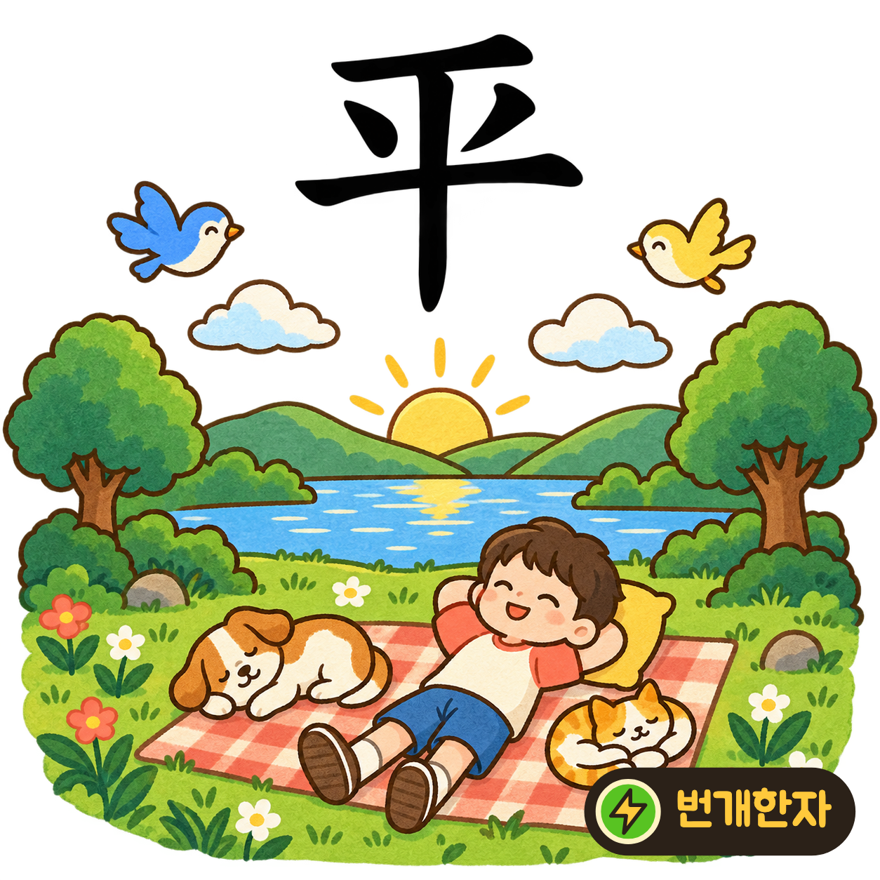 平: 위아래 가로획 사이에서 두 작은 획이 균형을 잡아요. 양쪽 높이가 같은 평평한 저울을 떠올려요. (기억 그림)