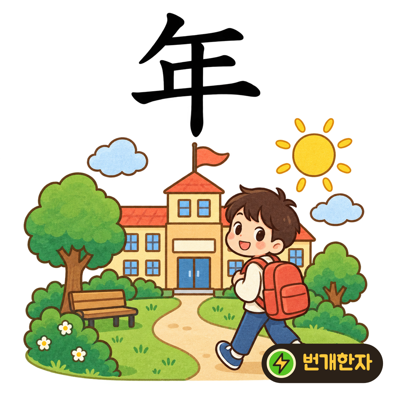 年: 여러 가로획을 세로획이 이어 주고 있어요. 달력의 칸들을 지나 한 해를 보내는 모습을 상상해요. (기억 그림)