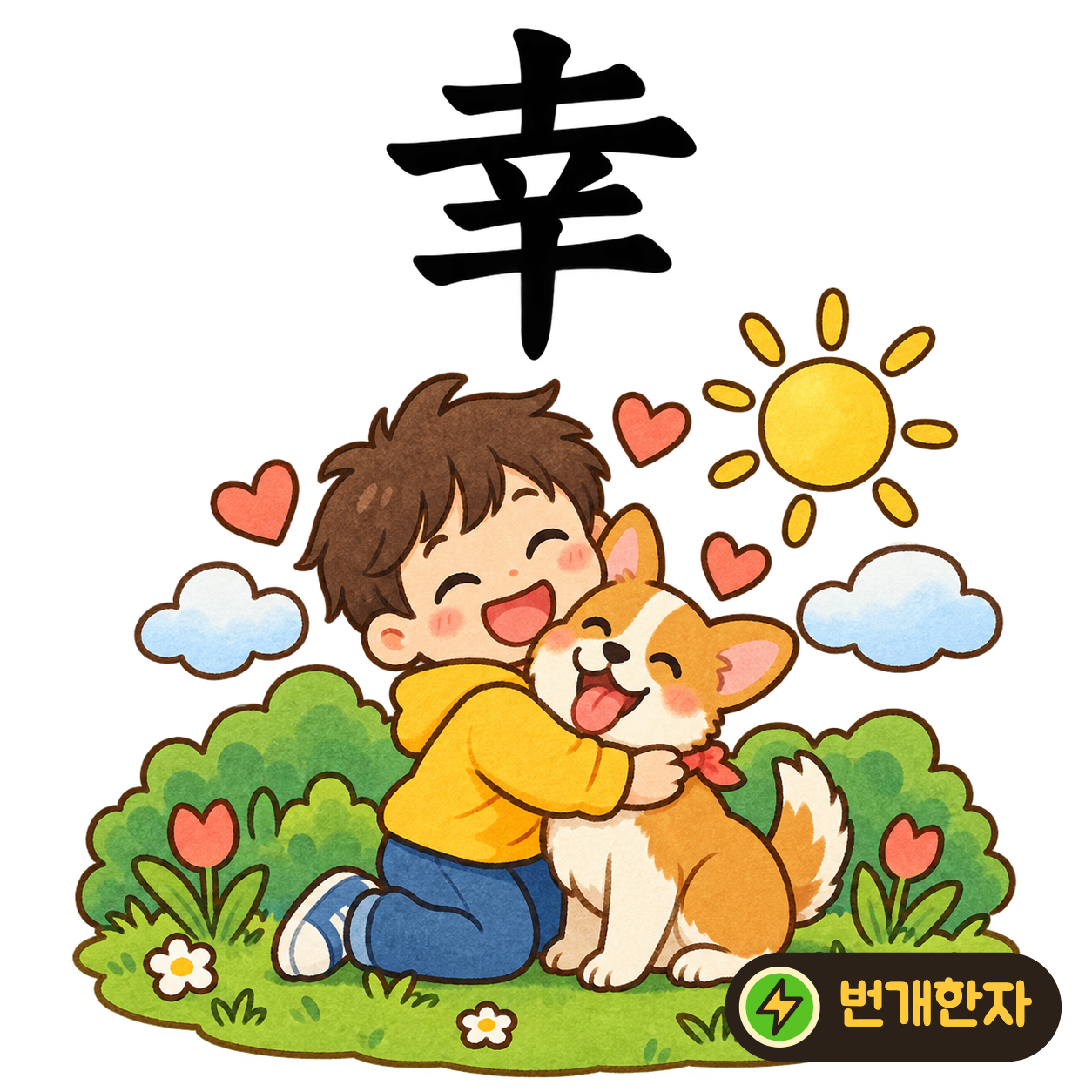 幸: 흙 土 아래로 가로획들이 이어져 있어요. 흙길의 징검다리를 무사히 건너 ‘다행이다!’라고 말해요. (기억 그림)