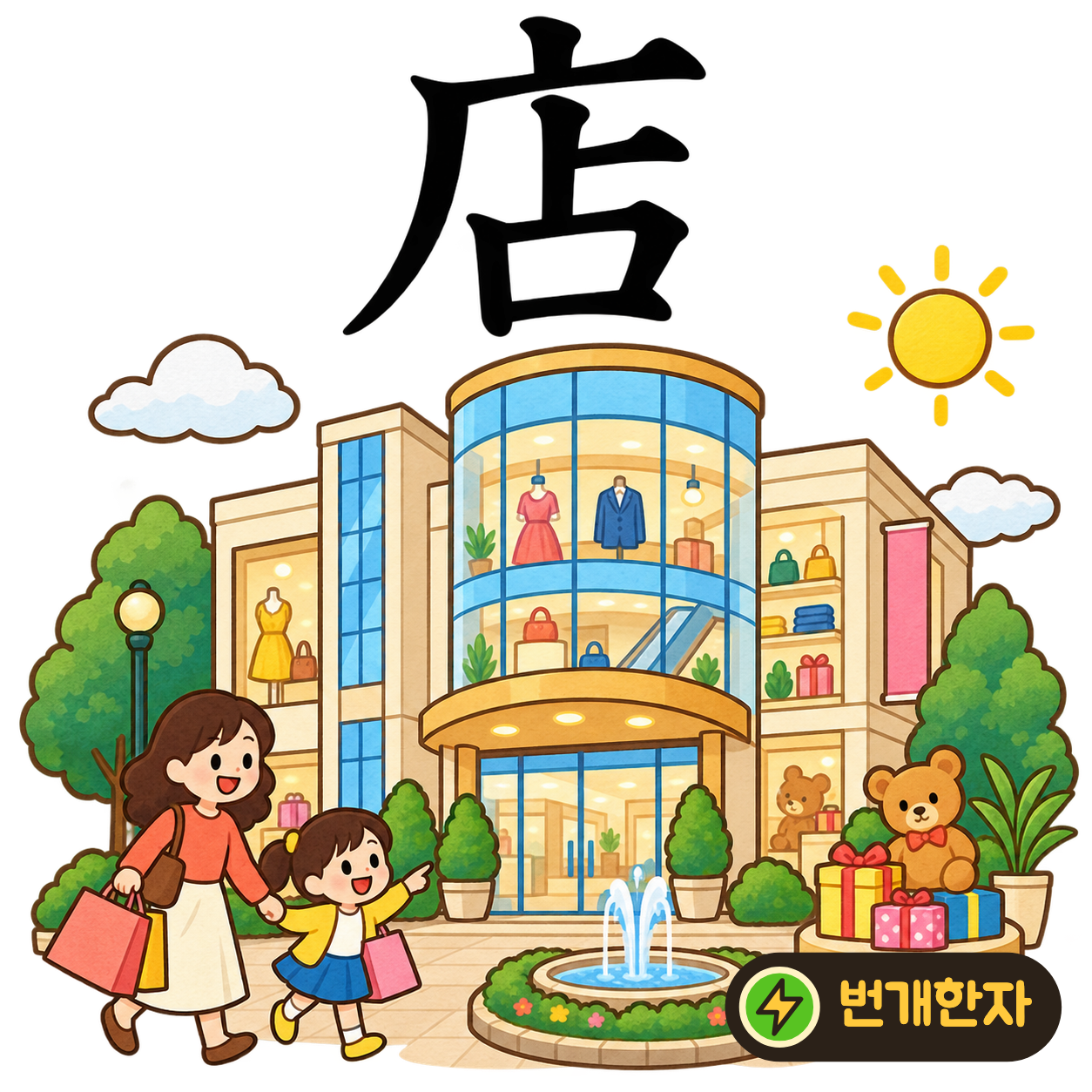 店: 덮개 广 아래에 占이 있어요. 간판을 달고 손님을 기다리는 지붕 있는 가게를 떠올려요. (기억 그림)