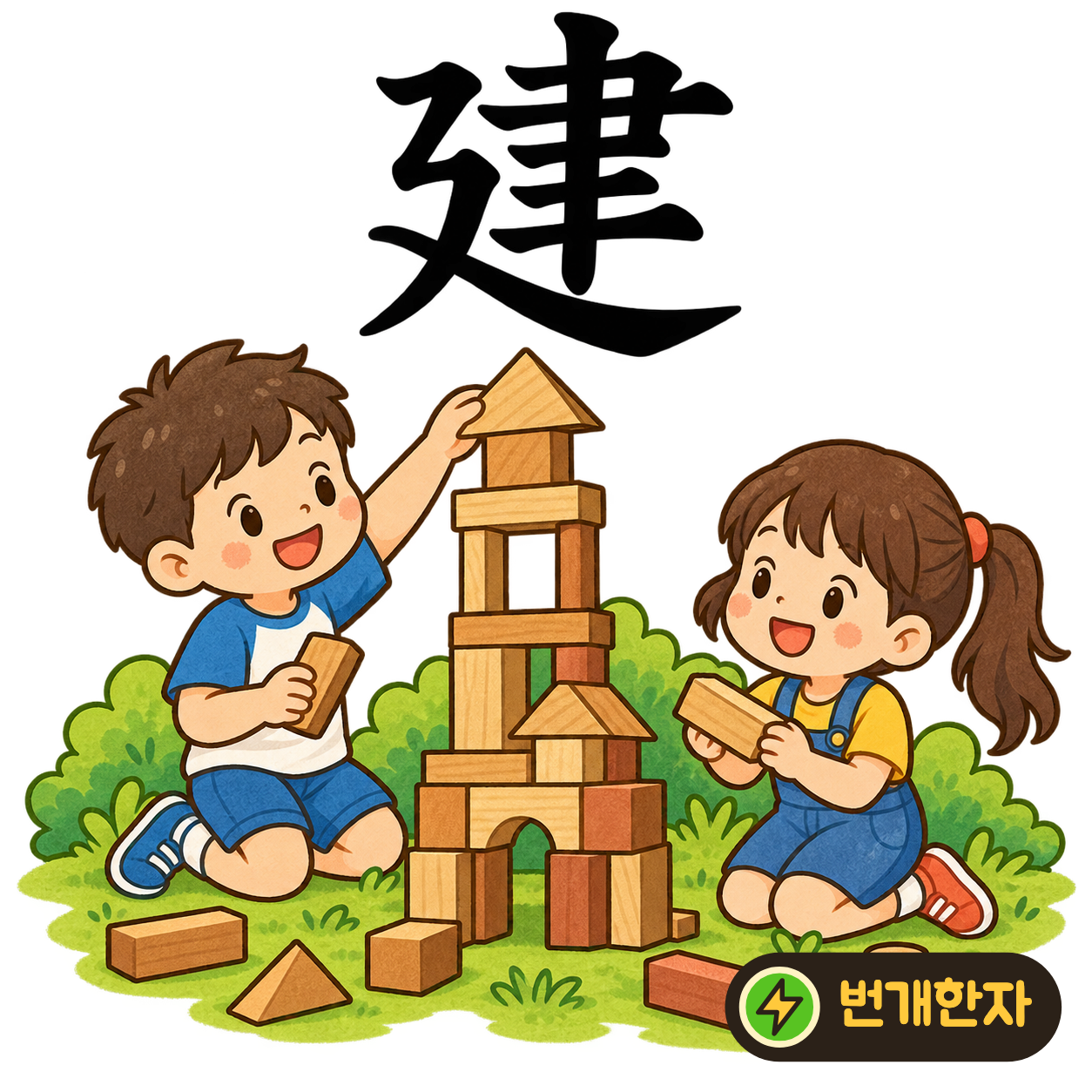 建: 붓처럼 곧은 聿 아래로 廴이 길게 받쳐요. 바닥을 마련하고 기둥을 세워 건물을 짓는 모습이에요. (기억 그림)