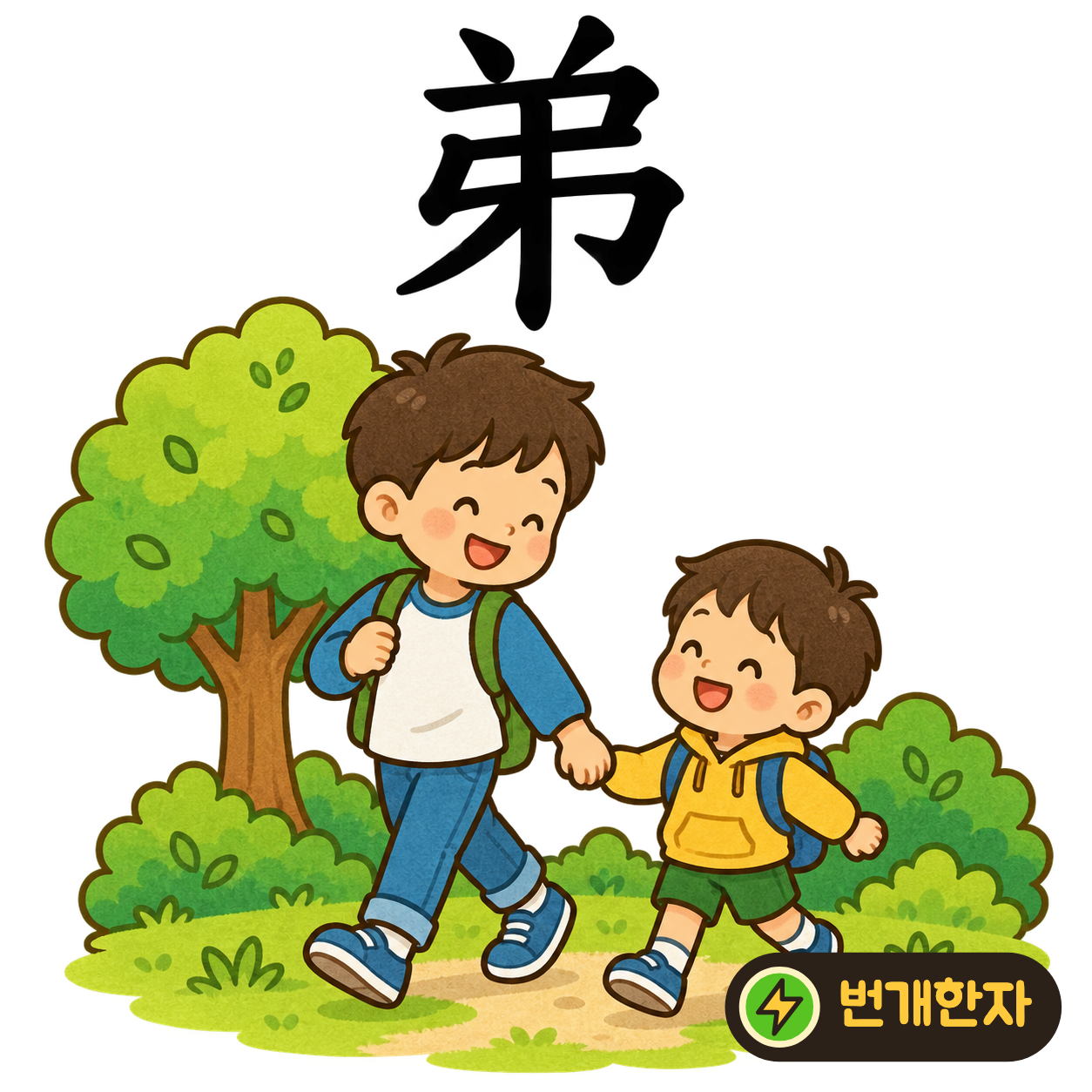 弟: 가운데 굽은 활 弓 모양에 긴 획이 지나가요. 형 다음 차례에 서서 손을 든 아우를 상상해요. (기억 그림)