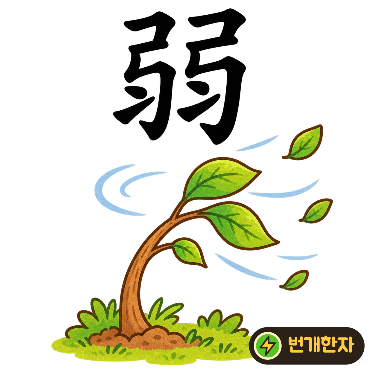 弱: 활 弓을 닮은 모양 둘 아래에 작은 획들이 있어요. 두 가느다란 활을 나란히 놓고 힘이 약하다고 상상해요. (기억 그림)