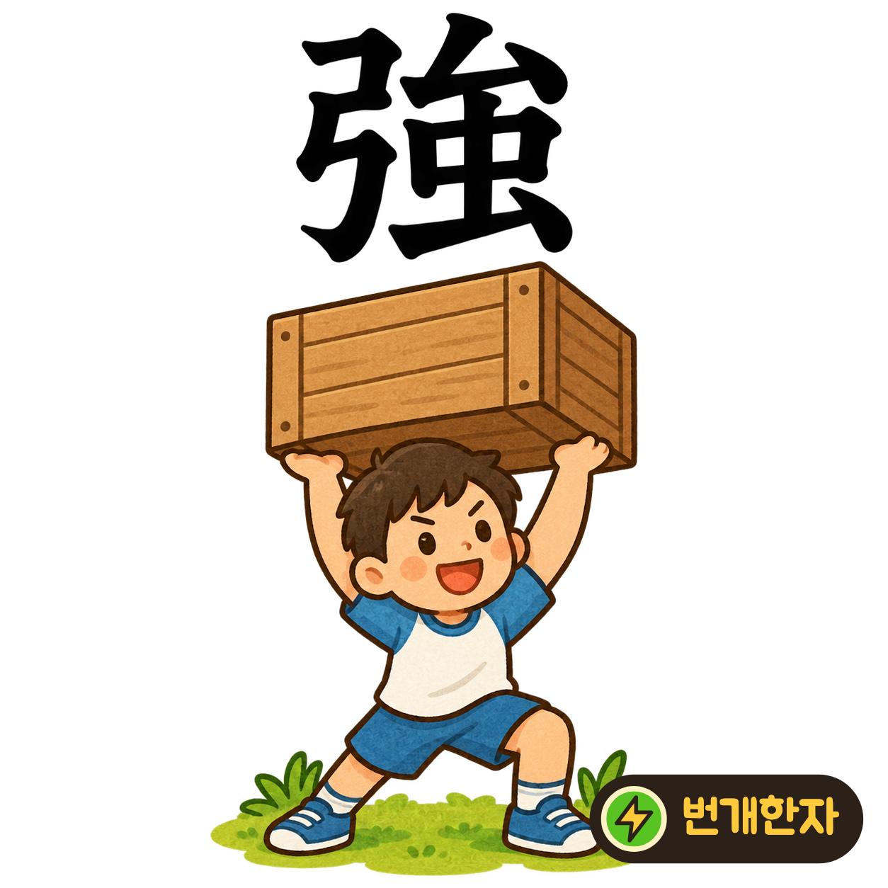 強: 왼쪽 활 弓 옆의 오른쪽 아래에 벌레 虫이 있어요. 작은 벌레도 활을 당길 만큼 강해진다고 상상해요. (기억 그림)