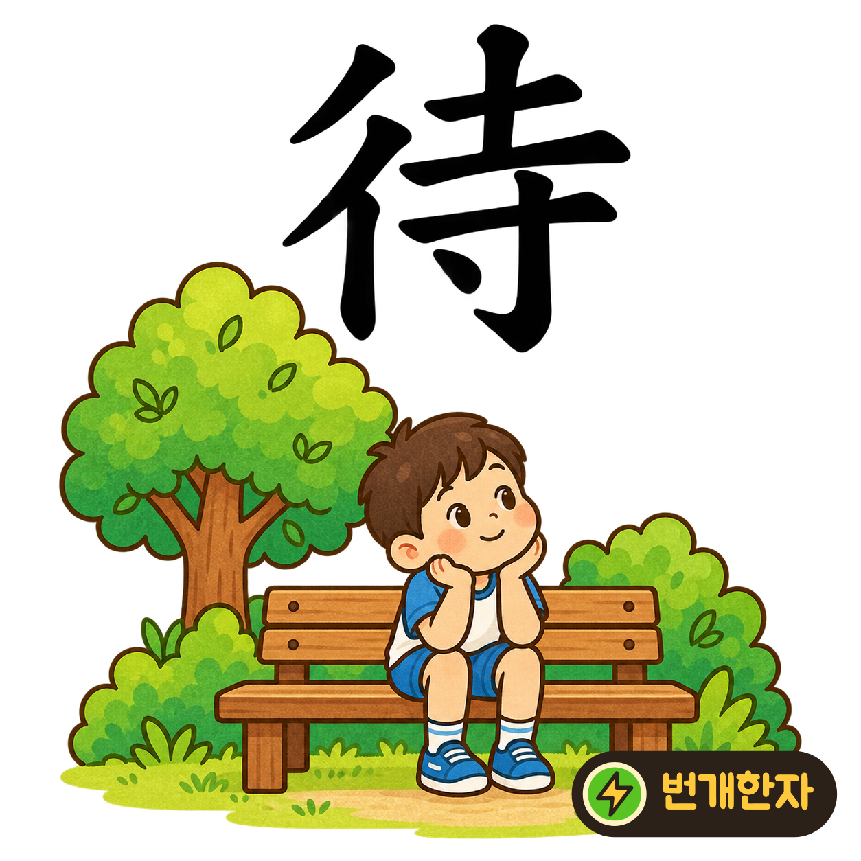 待: 걸음 모양 彳 옆에 절 寺가 있어요. 절 앞에 도착해 친구를 기다리는 장면을 떠올려요. (기억 그림)