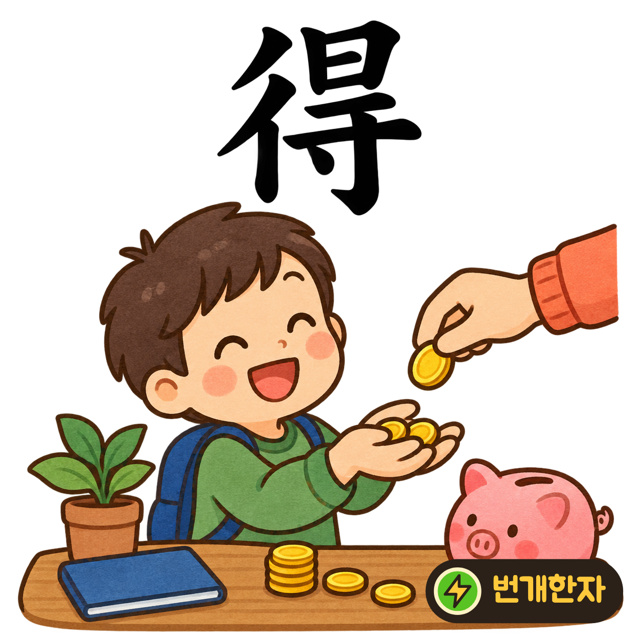 得: 왼쪽 彳 옆의 아래에 寸이 있어요. 길을 가다 찾던 것을 손에 얻은 장면으로 기억해요. (기억 그림)