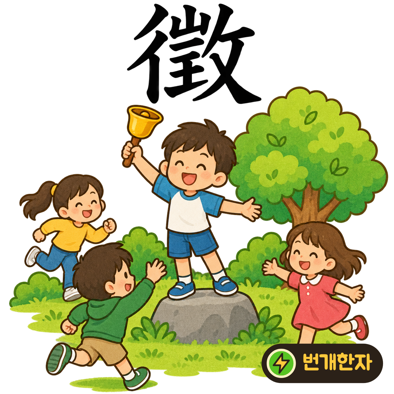 徵: 왼쪽 彳 옆의 윗부분에 산 山이 있어요. 산 너머 친구를 불러 함께 걸어가는 장면을 상상해요. (기억 그림)