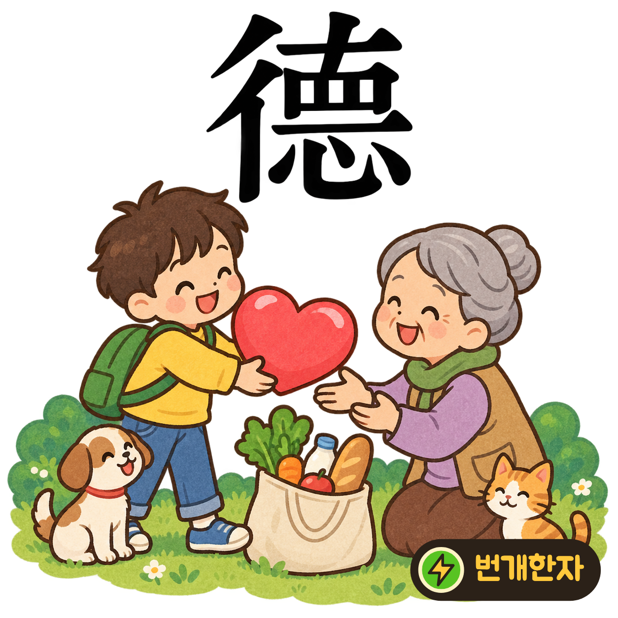 德: 왼쪽 彳 옆의 맨 아래에 마음 心이 있어요. 걸음마다 큰 마음으로 남을 돕는 모습을 떠올려요. (기억 그림)