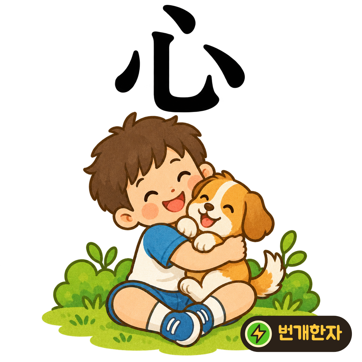 心: 굽은 획 주위에 작은 점들이 있어요. 마음이 두근거리며 작은 생각들이 피어나는 모습을 상상해요. (기억 그림)