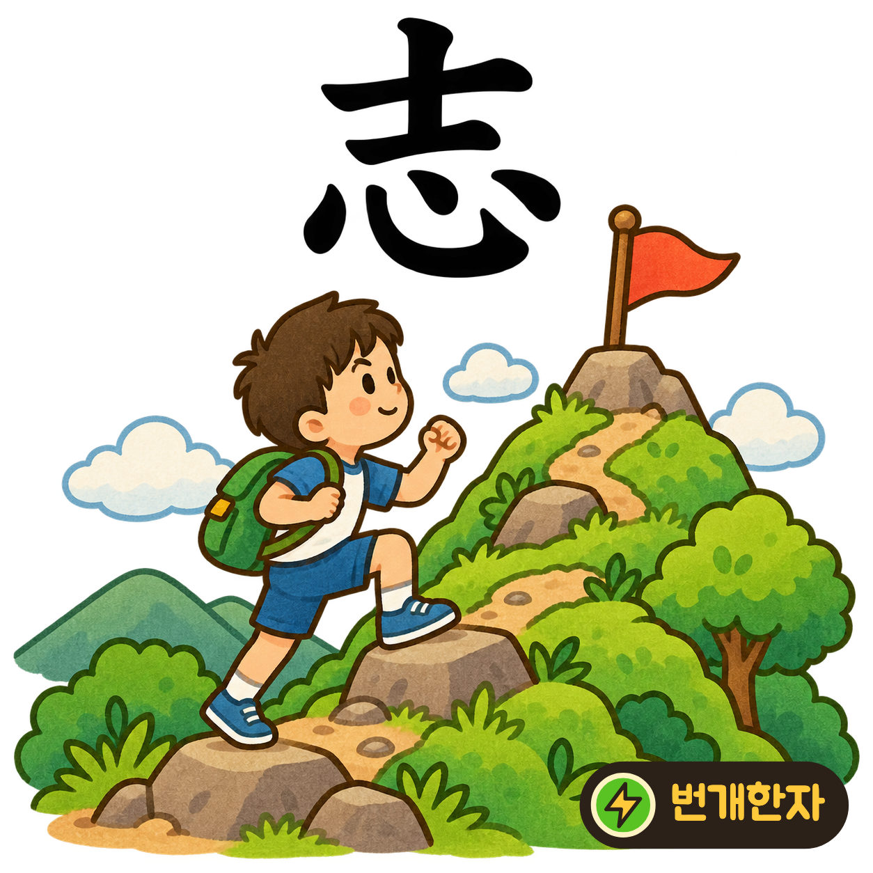 志: 선비 士 아래에 마음 心이 있어요. 사람이 마음속에 굳게 세운 뜻을 떠올려요. (기억 그림)