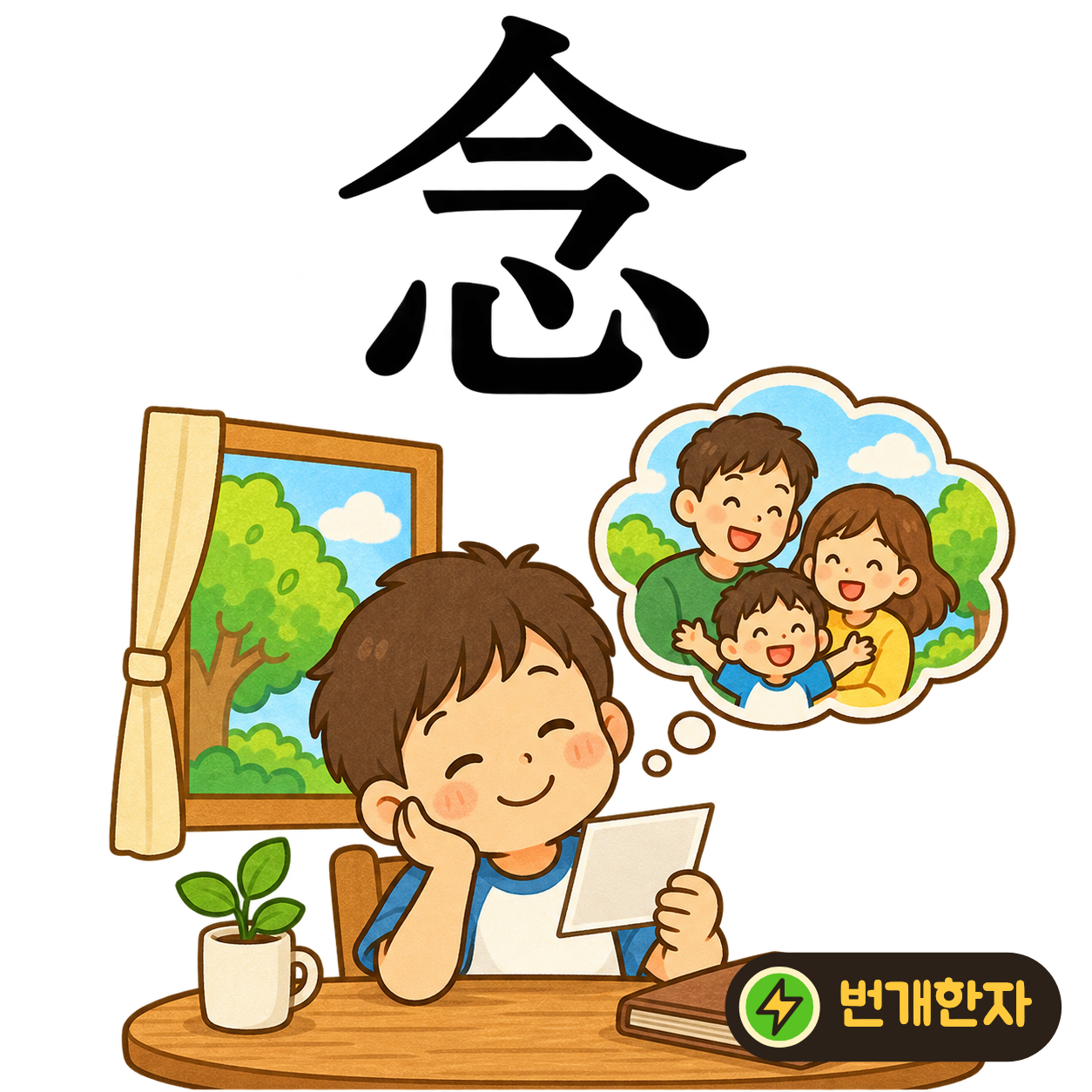 念: 이제 今 아래에 마음 心이 있어요. 지금 마음속에 떠오르는 생각을 붙잡아 보세요. (기억 그림)