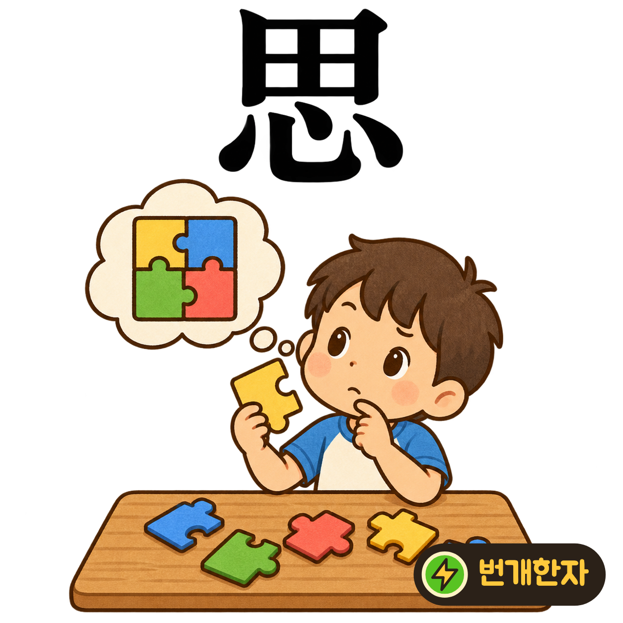 思: 밭 田 아래에 마음 心이 있어요. 마음의 밭에서 여러 생각이 자라난다고 상상해요. (기억 그림)
