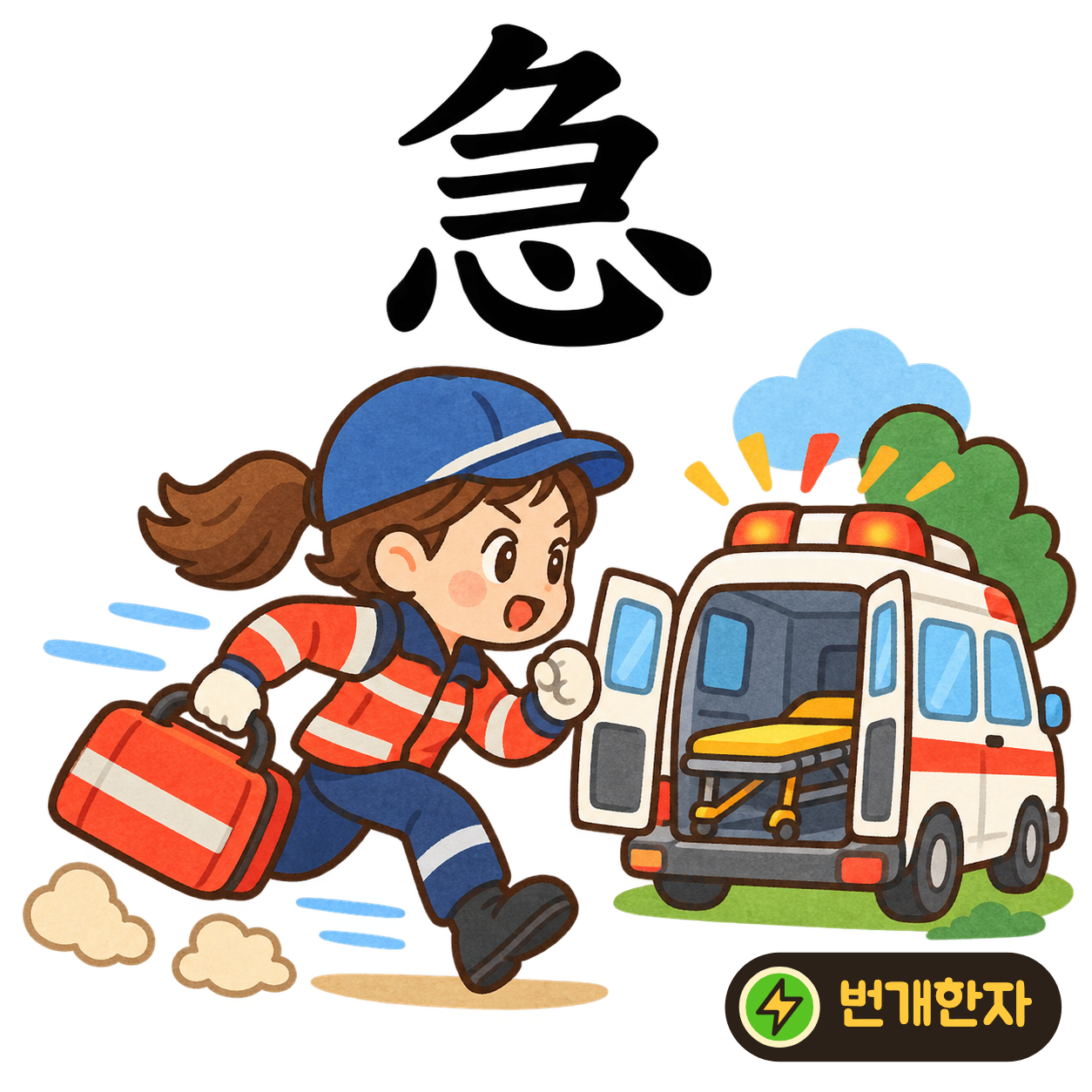 急: 윗부분의 모인 획들 아래에 마음 心이 있어요. 급한 일이 생겨 마음이 바쁘게 뛰는 모습을 떠올려요. (기억 그림)