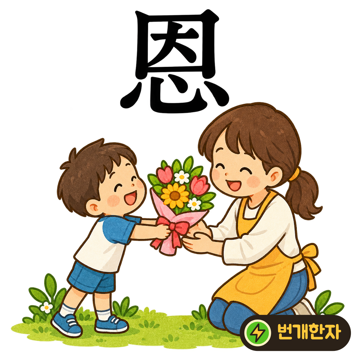 恩: 인할 因 아래에 마음 心이 있어요. 도움받은 까닭을 마음에 담아 은혜를 기억해요. (기억 그림)