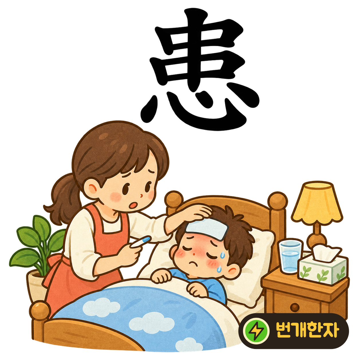 患: 꿸 串 아래에 마음 心이 있어요. 걱정 두 개가 줄줄이 마음에 걸린다고 상상해요. (기억 그림)