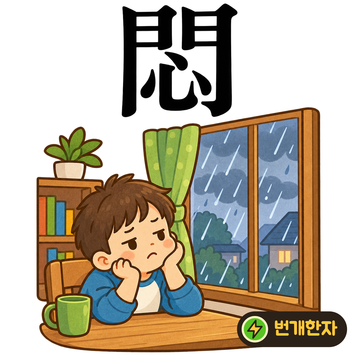 悶: 문 門 안에 마음 心이 갇혀 있어요. 문이 닫힌 방처럼 마음이 답답한 모습을 떠올려요. (기억 그림)