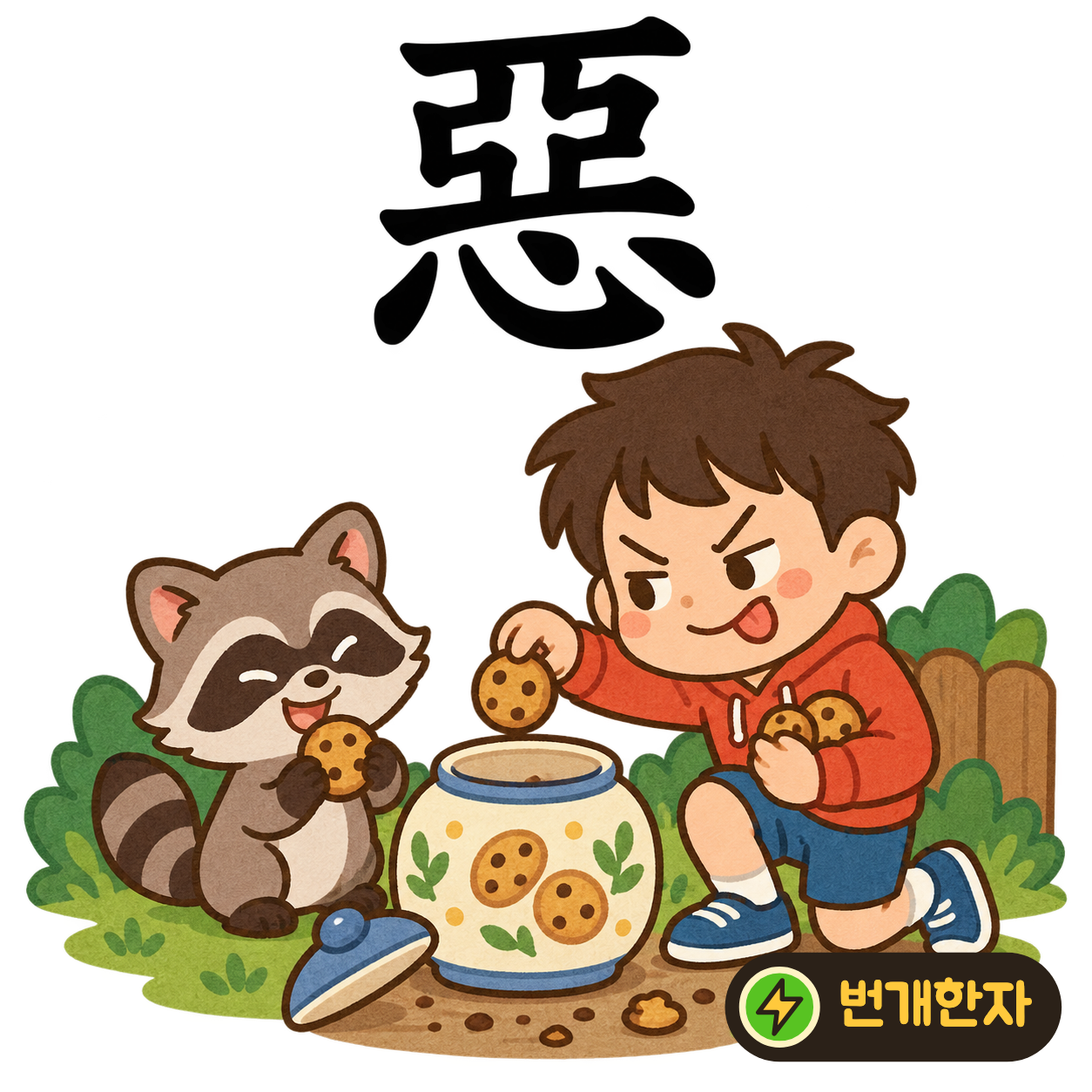 惡: 亞 아래에 마음 心이 있어요. 마음을 가로막는 나쁜 생각을 멈추는 장면을 상상해요. (기억 그림)
