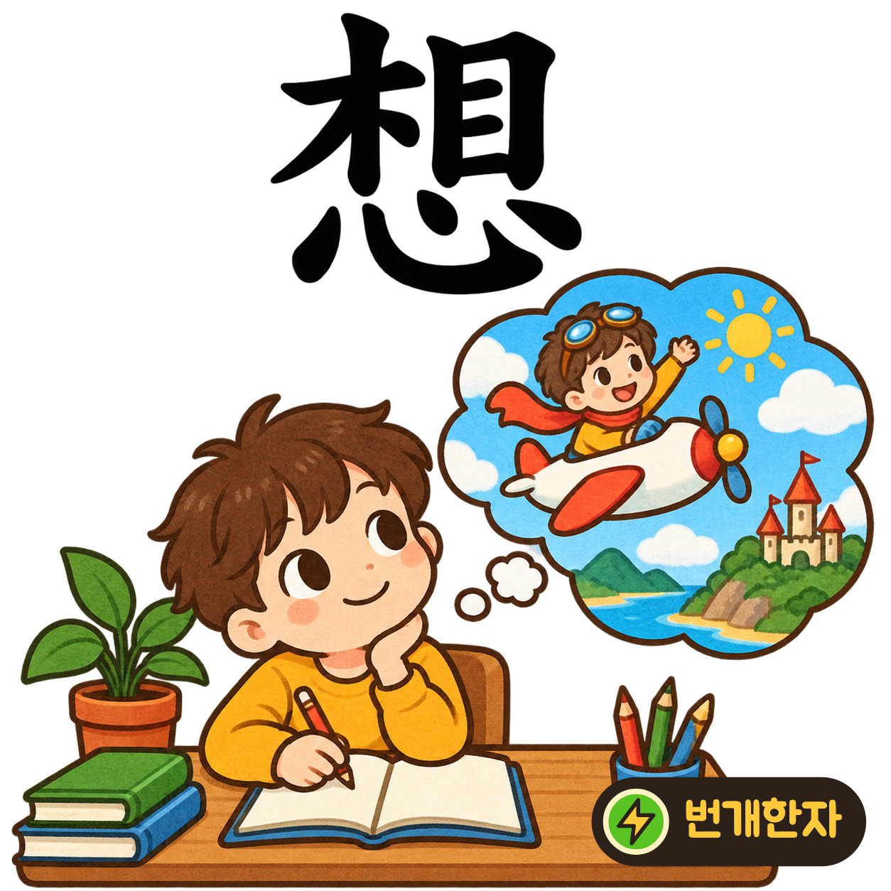 想: 서로 相 아래에 마음 心이 있어요. 눈으로 본 모습을 마음속에 떠올려 생각해요. (기억 그림)