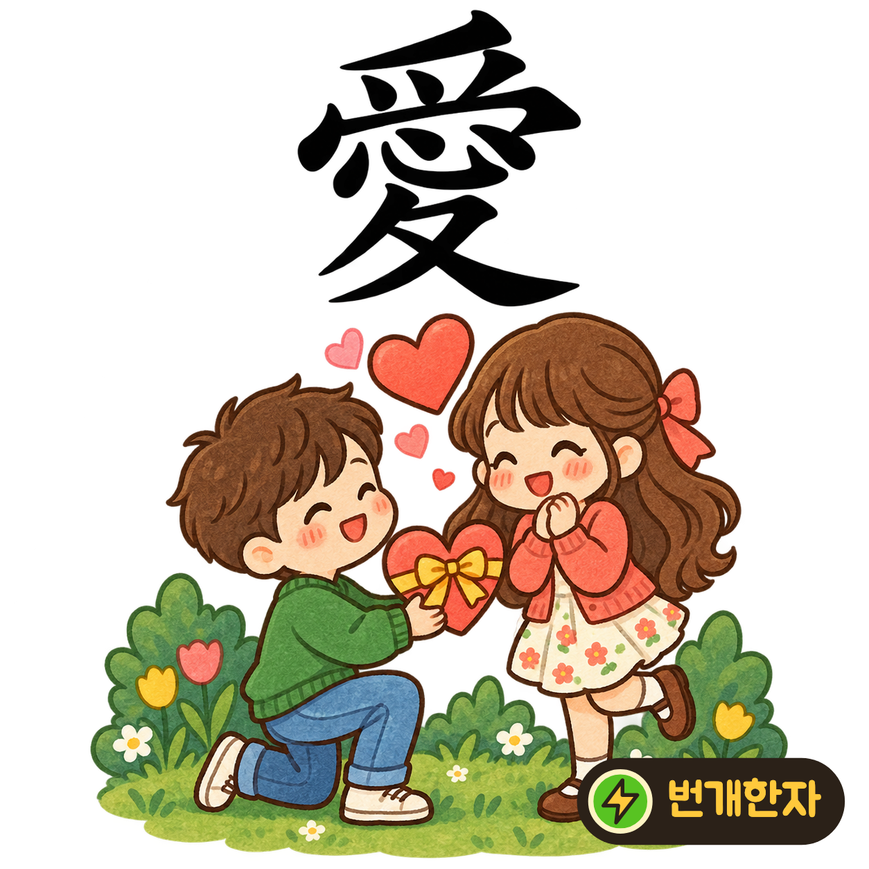 愛: 가운데 마음 心이 있고 아래로 획들이 뻗어요. 소중한 마음을 품고 사랑하는 사람에게 다가가는 모습이에요. (기억 그림)