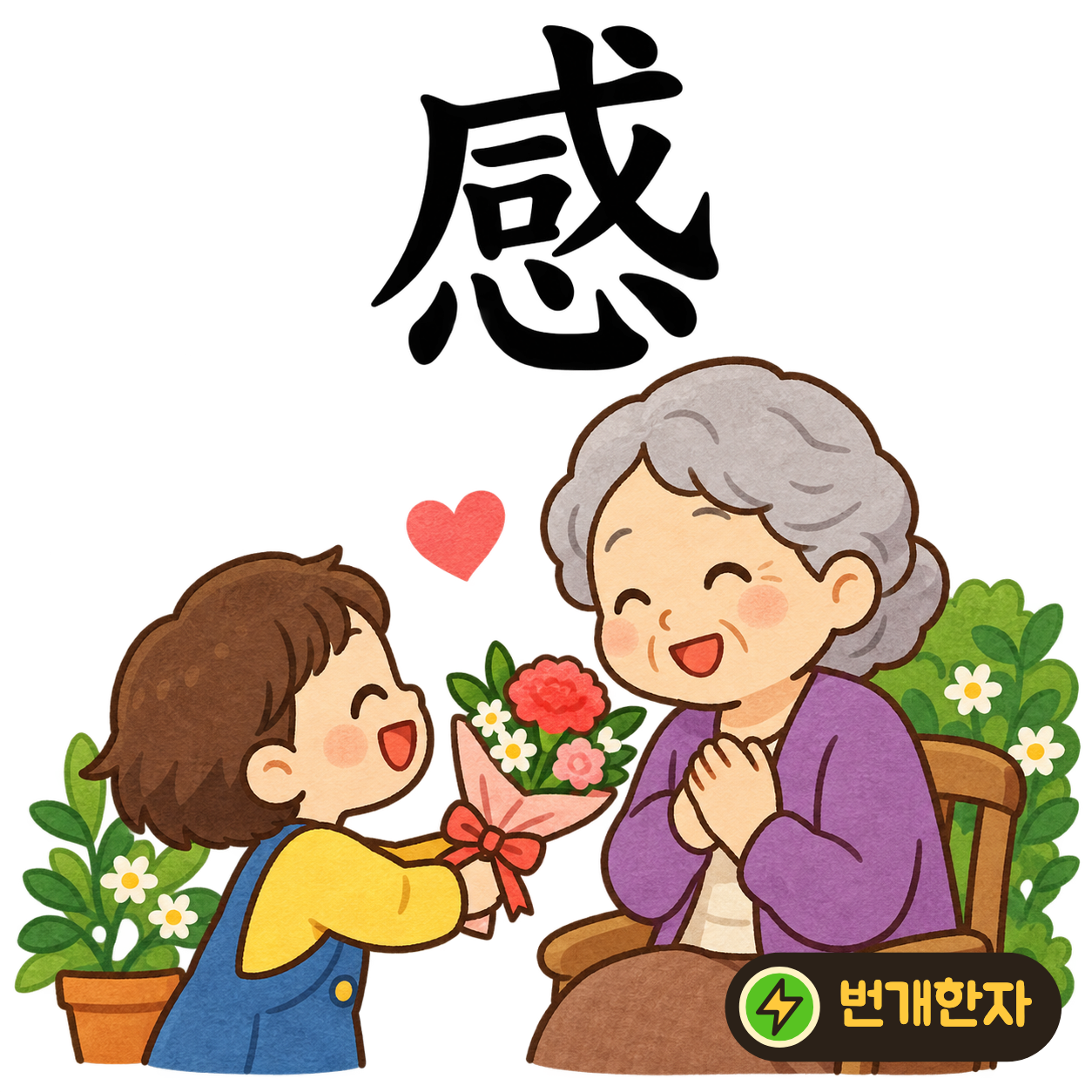 感: 다 咸 아래에 마음 心이 있어요. 눈과 귀로 만난 일을 마음으로 느끼는 장면을 떠올려요. (기억 그림)