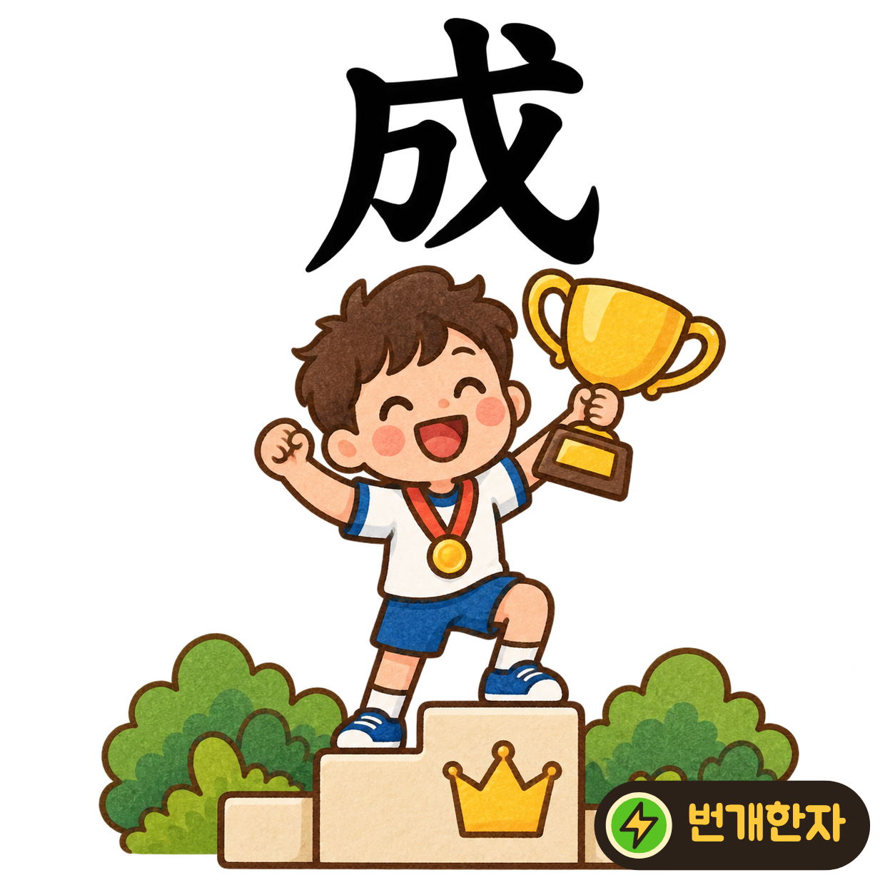 成: 안쪽 획을 바깥의 긴 획이 감싸고 있어요. 흩어진 재료를 모아 한 작품을 이루는 모습을 상상해요. (기억 그림)