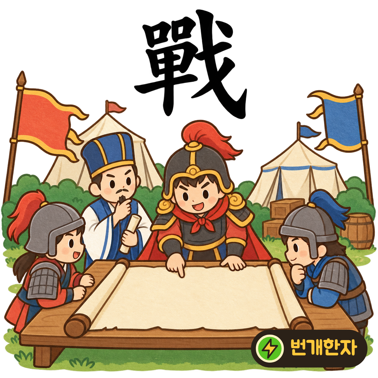 戰: 왼쪽 單 옆에 창 戈가 있어요. 창을 든 사람들이 싸우는 장면으로 모양을 기억해요. (기억 그림)
