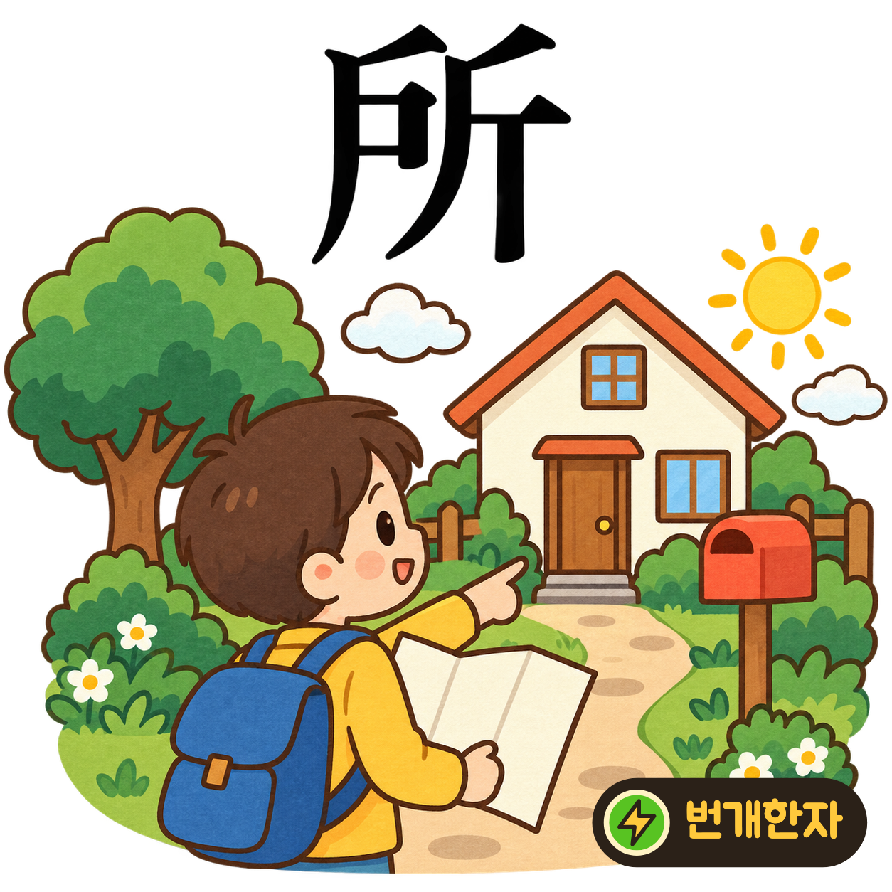 所: 왼쪽 戶 옆에 도끼 斤이 있어요. 문 옆에 도구를 두는 정해진 장소를 떠올려요. (기억 그림)