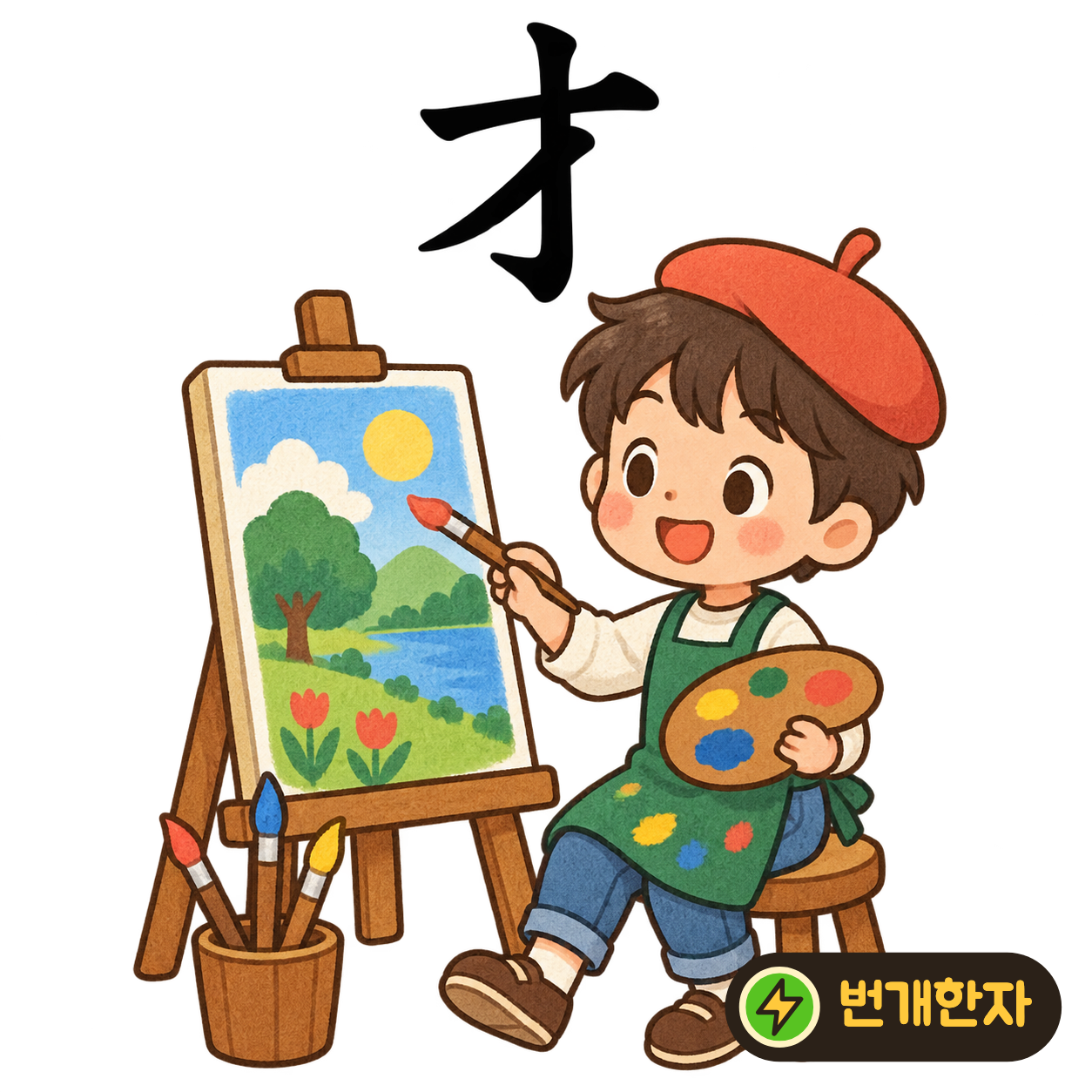 才: 가로획을 지나 아래로 뻗는 획들이 있어요. 손을 재빠르게 움직여 재주를 부리는 모습을 상상해요. (기억 그림)