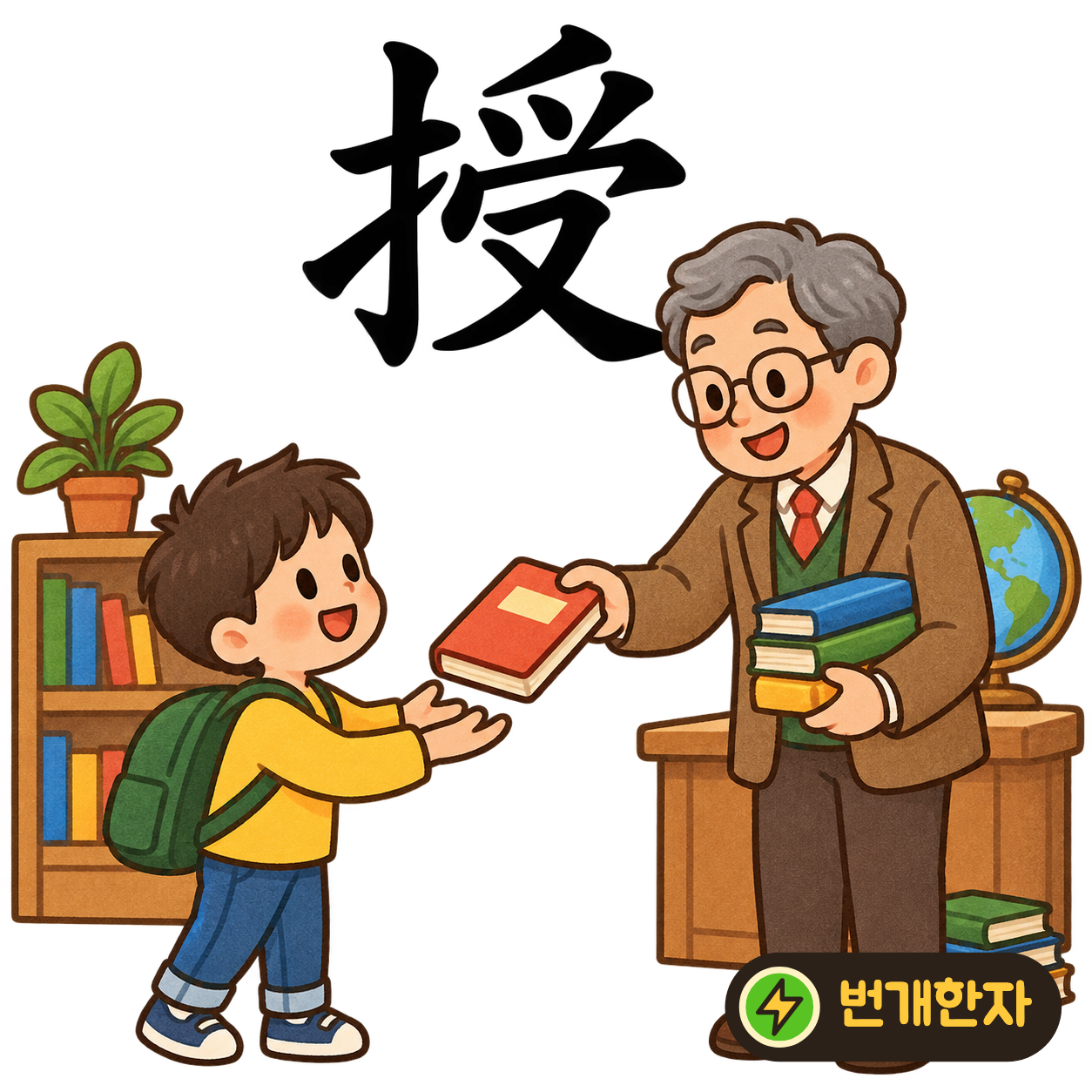 授: 손 모양 扌 옆에 받을 受가 있어요. 받을 사람에게 손을 내밀어 물건을 주는 모습이에요. (기억 그림)