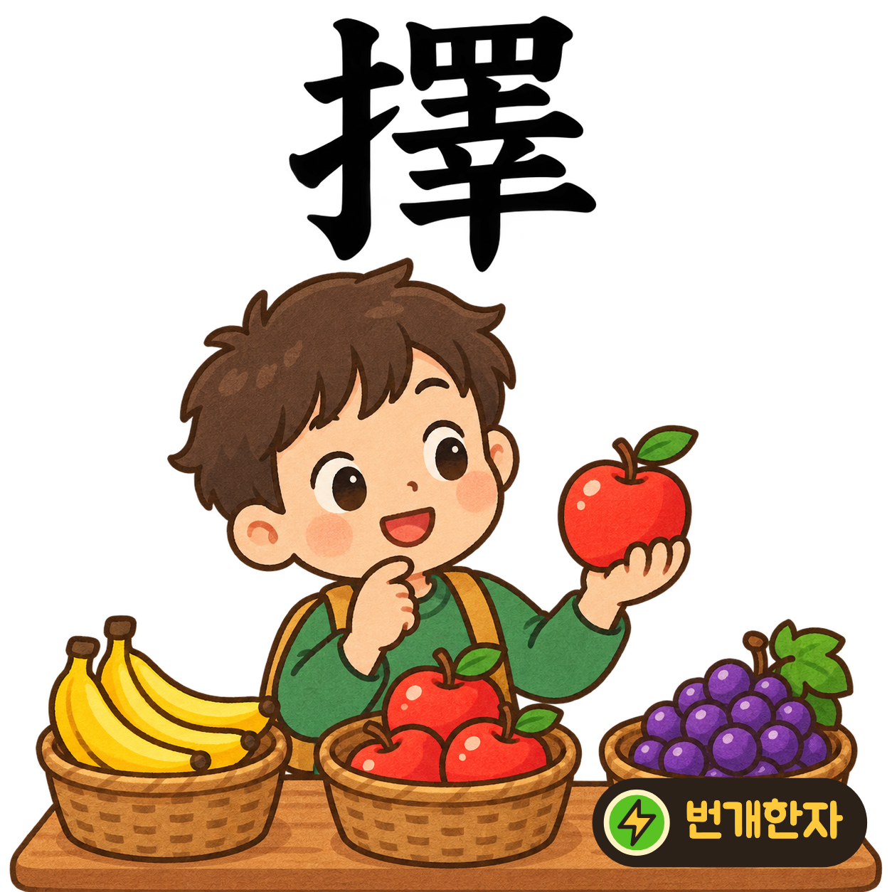 擇: 손 모양 扌 옆에 여러 칸처럼 나뉜 획이 있어요. 여러 칸의 물건 중 하나를 손으로 골라요. (기억 그림)