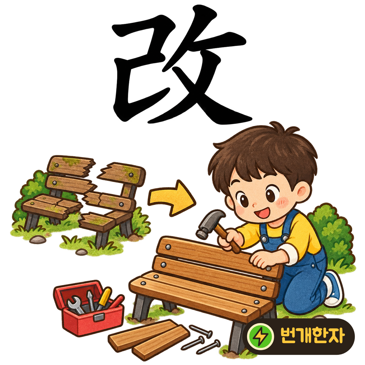 改: 몸 己 옆에 두드림을 떠올리는 攵이 있어요. 자신의 잘못을 톡톡 짚으며 고치는 모습을 상상해요. (기억 그림)