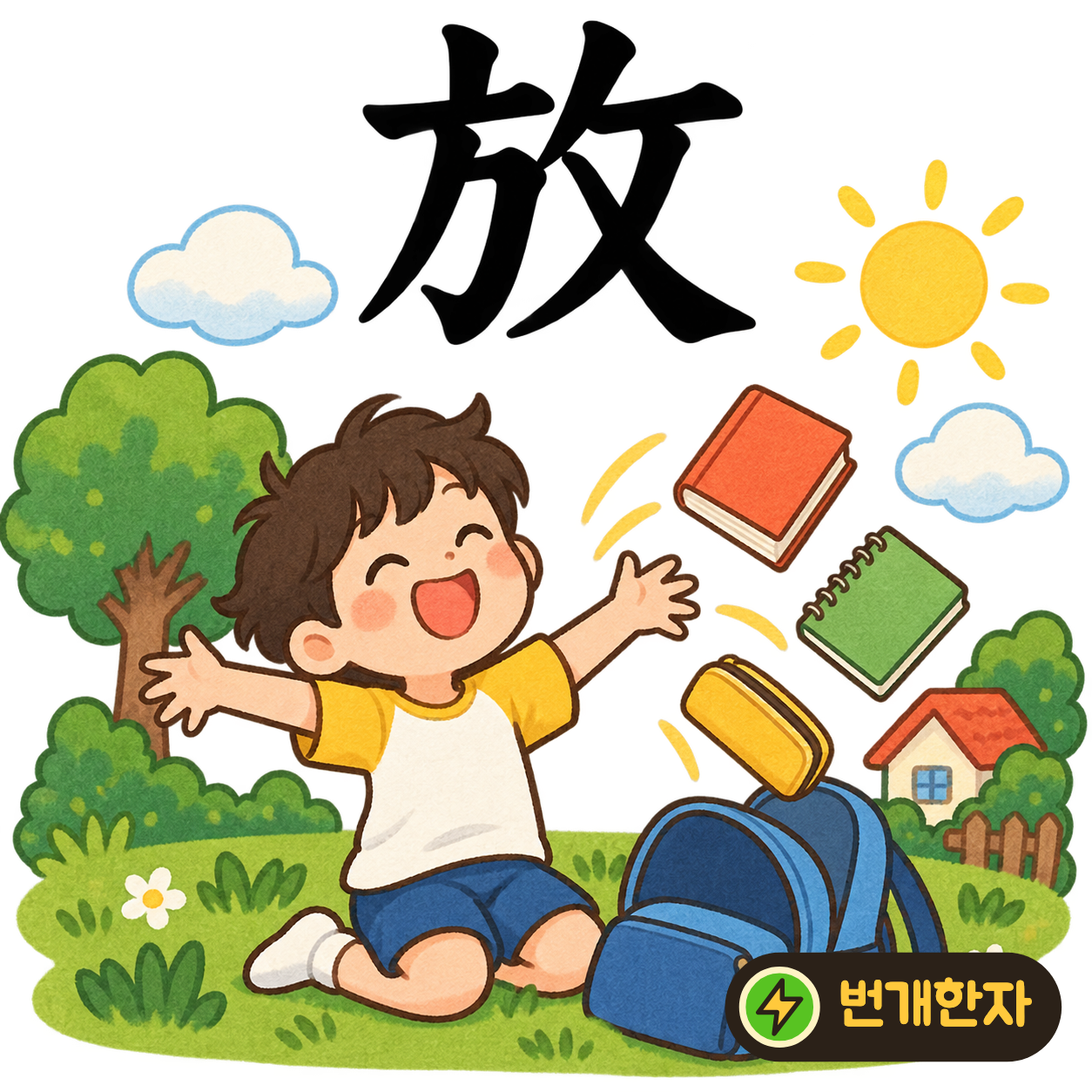 放: 모 方 옆에 攵이 있어요. 손에 잡은 것을 넓은 방향으로 놓아주는 장면을 떠올려요. (기억 그림)