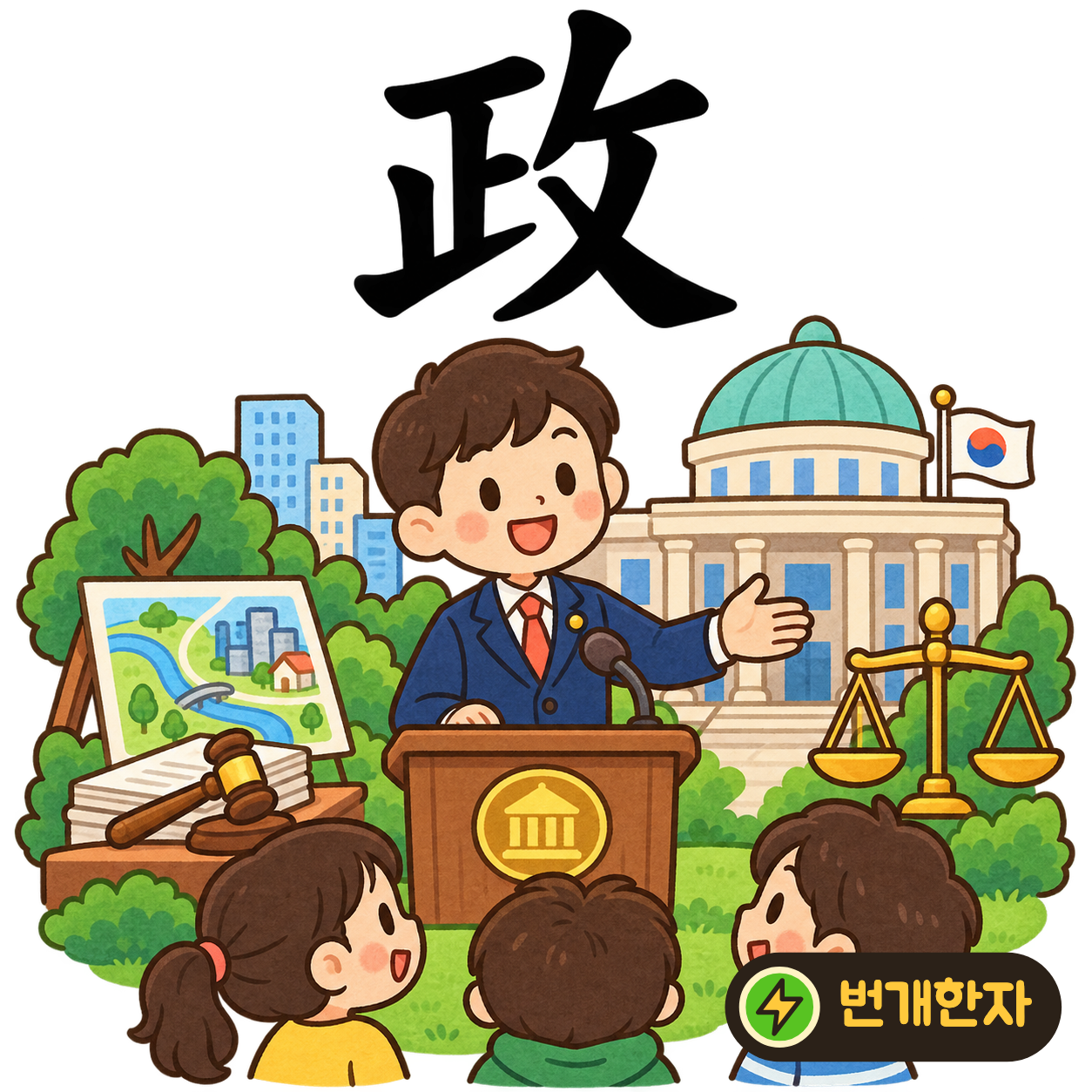 政: 바를 正 옆에 攵이 있어요. 잘못된 일을 바로잡으며 나라의 일을 맡는 모습을 상상해요. (기억 그림)
