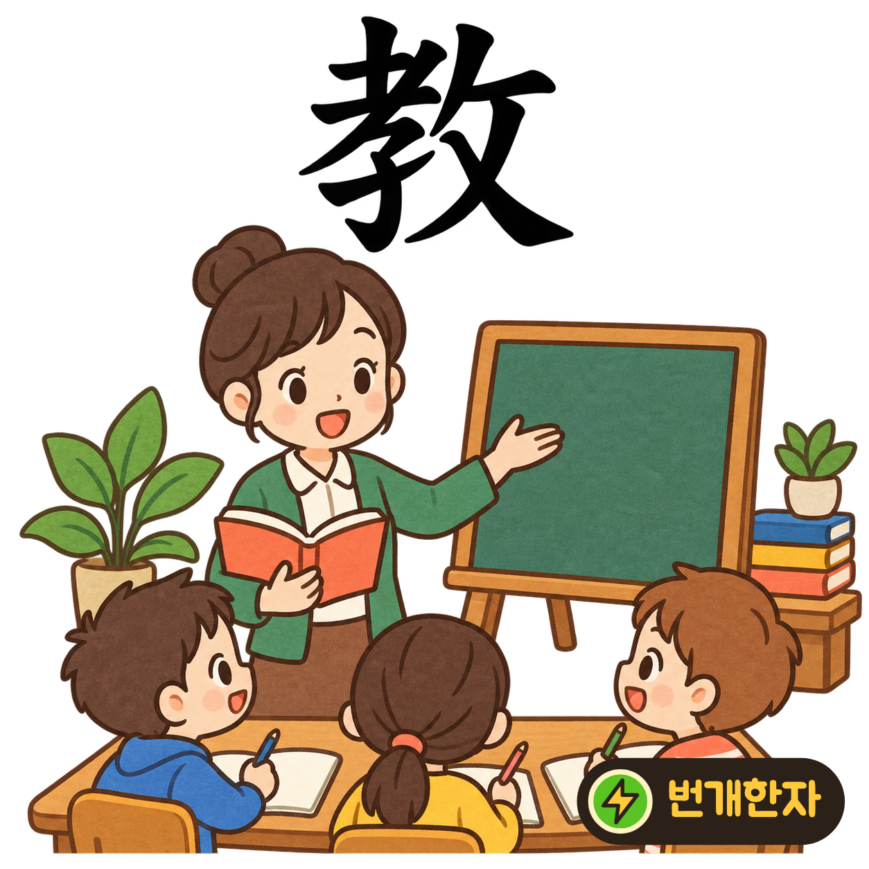 敎: 왼쪽 아래에 아이 子, 오른쪽에 攵이 있어요. 아이에게 하나씩 가리켜 가르치는 모습을 상상해요. (기억 그림)