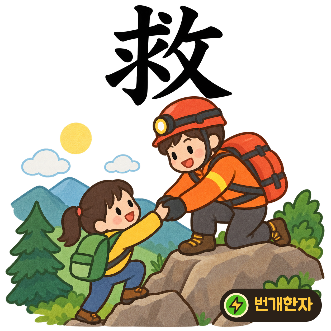 救: 구할 求 옆에 攵이 있어요. 도움을 구하는 사람에게 손을 내밀어 구해 주는 모습이에요. (기억 그림)