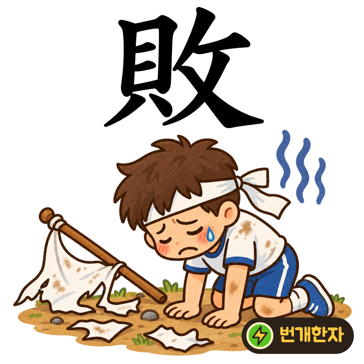 敗: 조개 貝 옆에 攵이 있어요. 경기에서 져서 모아 둔 점수 표를 내려놓는 모습을 상상해요. (기억 그림)