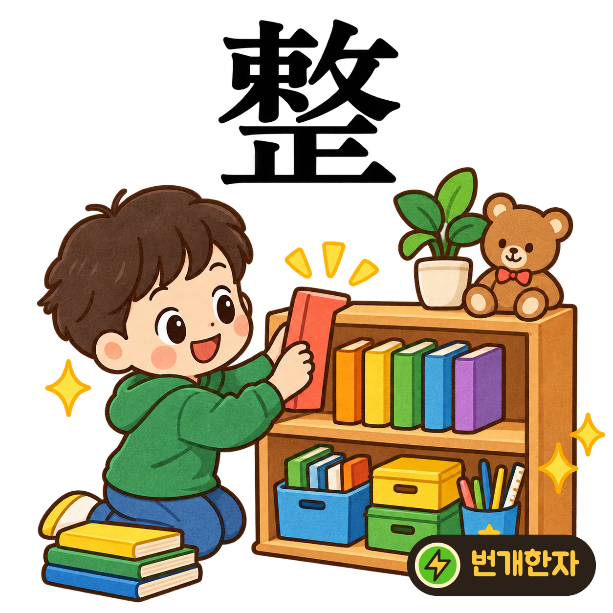 整: 윗부분 아래에 바를 正이 있어요. 흐트러진 물건을 바르게 놓아 가지런히 정리해요. (기억 그림)
