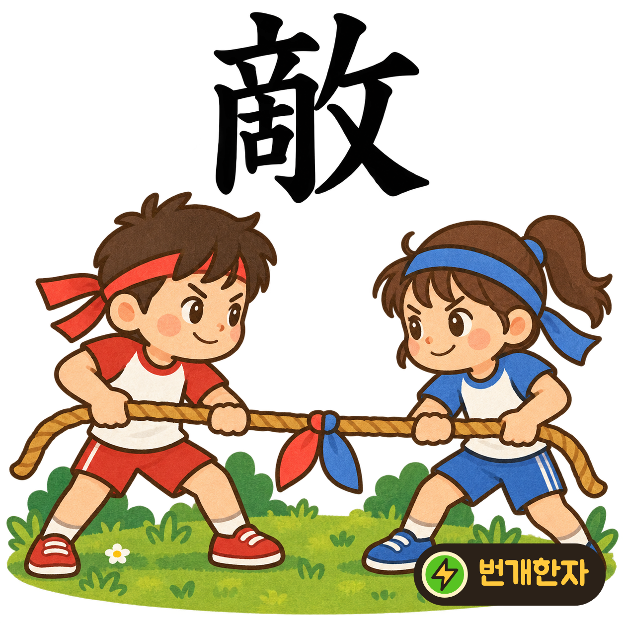 敵: 왼쪽 啇 옆에 攵이 있어요. 서로 다른 편이 마주 서서 겨루는 모습을 상상해요. (기억 그림)