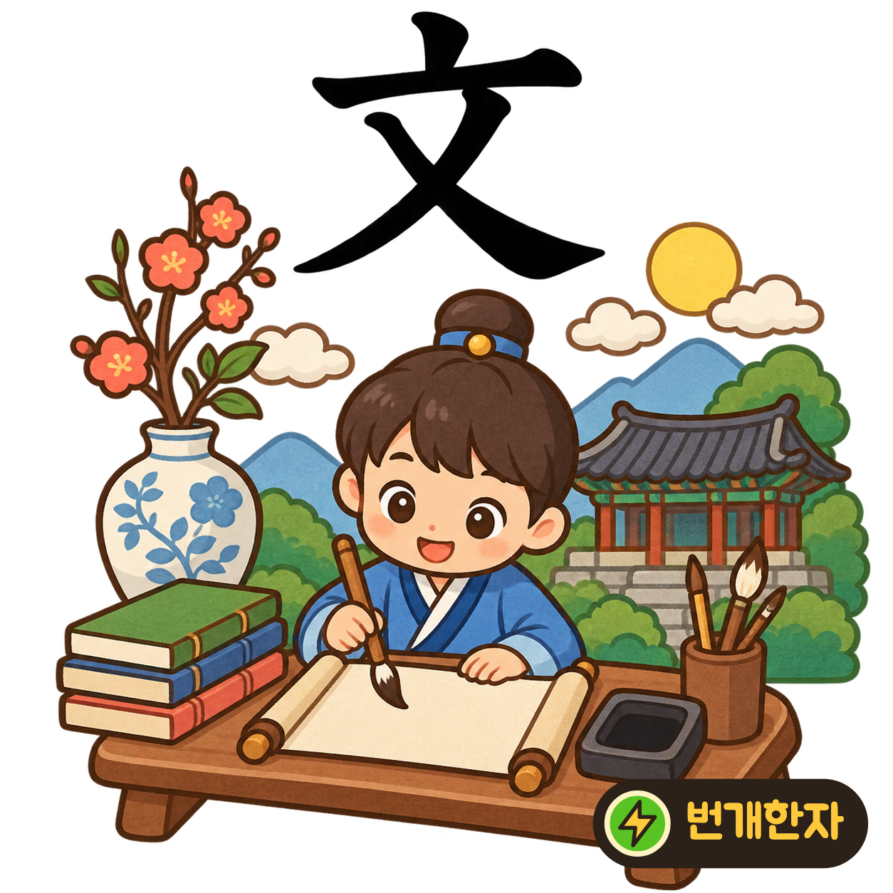 文: 윗부분 아래의 획들이 서로 엇갈려요. 종이 위에 여러 획을 그어 글을 적는 모습을 상상해요. (기억 그림)