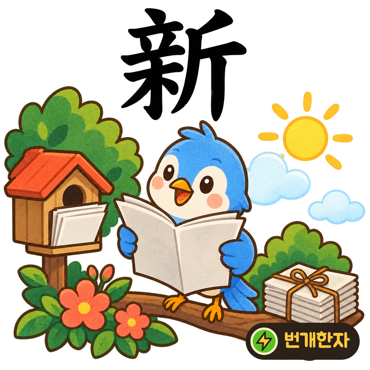 新: 왼쪽 아래에 나무 木, 오른쪽에 도끼 斤이 있어요. 나무를 다듬어 새 물건을 만드는 장면이에요. (기억 그림)