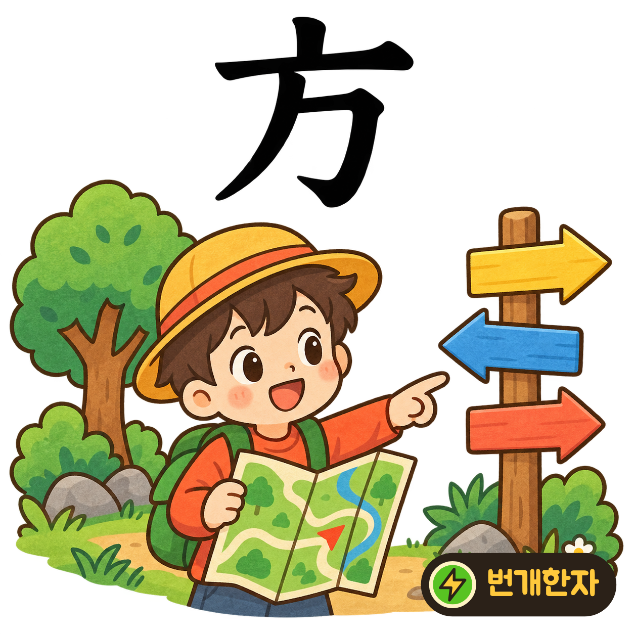 方: 점 아래 긴 획이 놓이고 아래쪽 획들이 각을 이루어요. 방향을 가리키는 모서리 있는 깃발로 상상해요. (기억 그림)