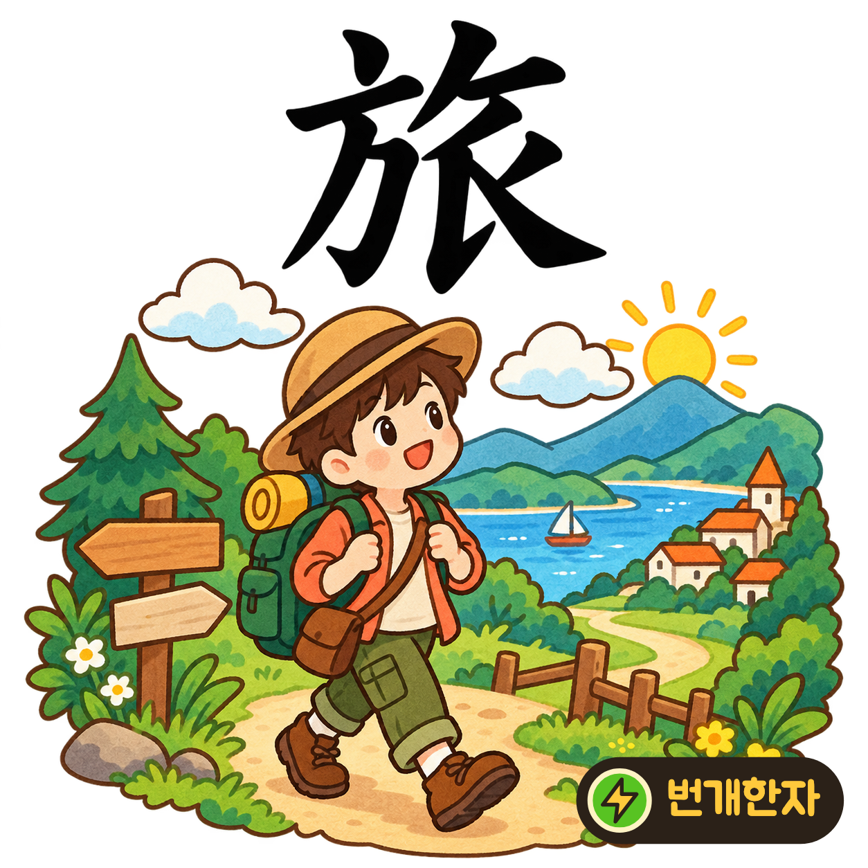 旅: 왼쪽 方 옆에 아래로 길게 뻗은 획들이 있어요. 깃발을 따라 먼 길을 걷는 나그네를 상상해요. (기억 그림)