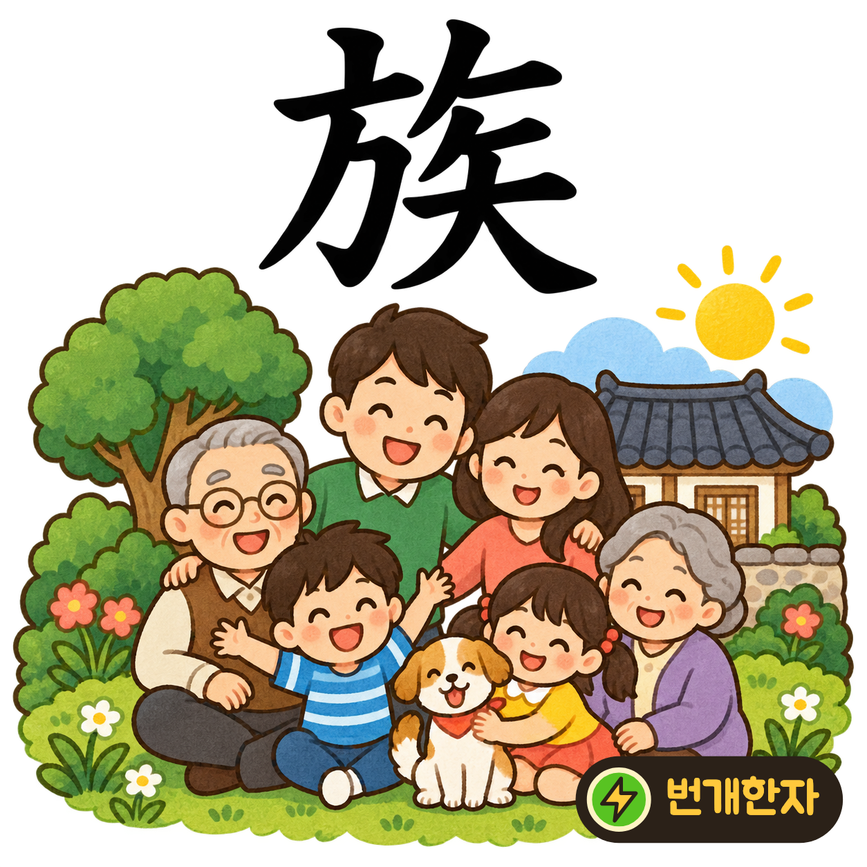 族: 왼쪽 方 옆에 화살 矢가 있어요. 같은 깃발 아래 모인 사람들이 한 겨레라고 기억해요. (기억 그림)