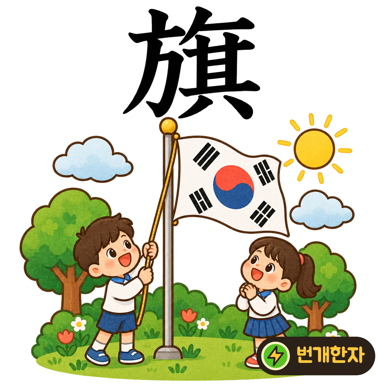 旗: 왼쪽 方 옆에 其가 있어요. 넓은 천이 바람에 펄럭이는 깃발을 떠올려요. (기억 그림)