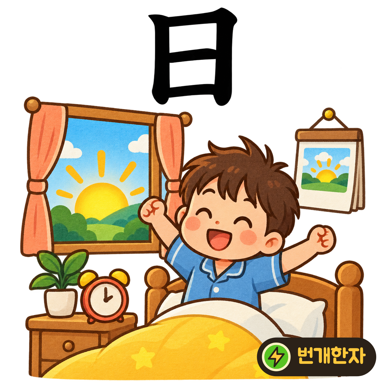 日: 네모 안에 가로선 하나가 있어요. 밝은 해가 창을 가득 채우는 모습을 떠올려요. (기억 그림)