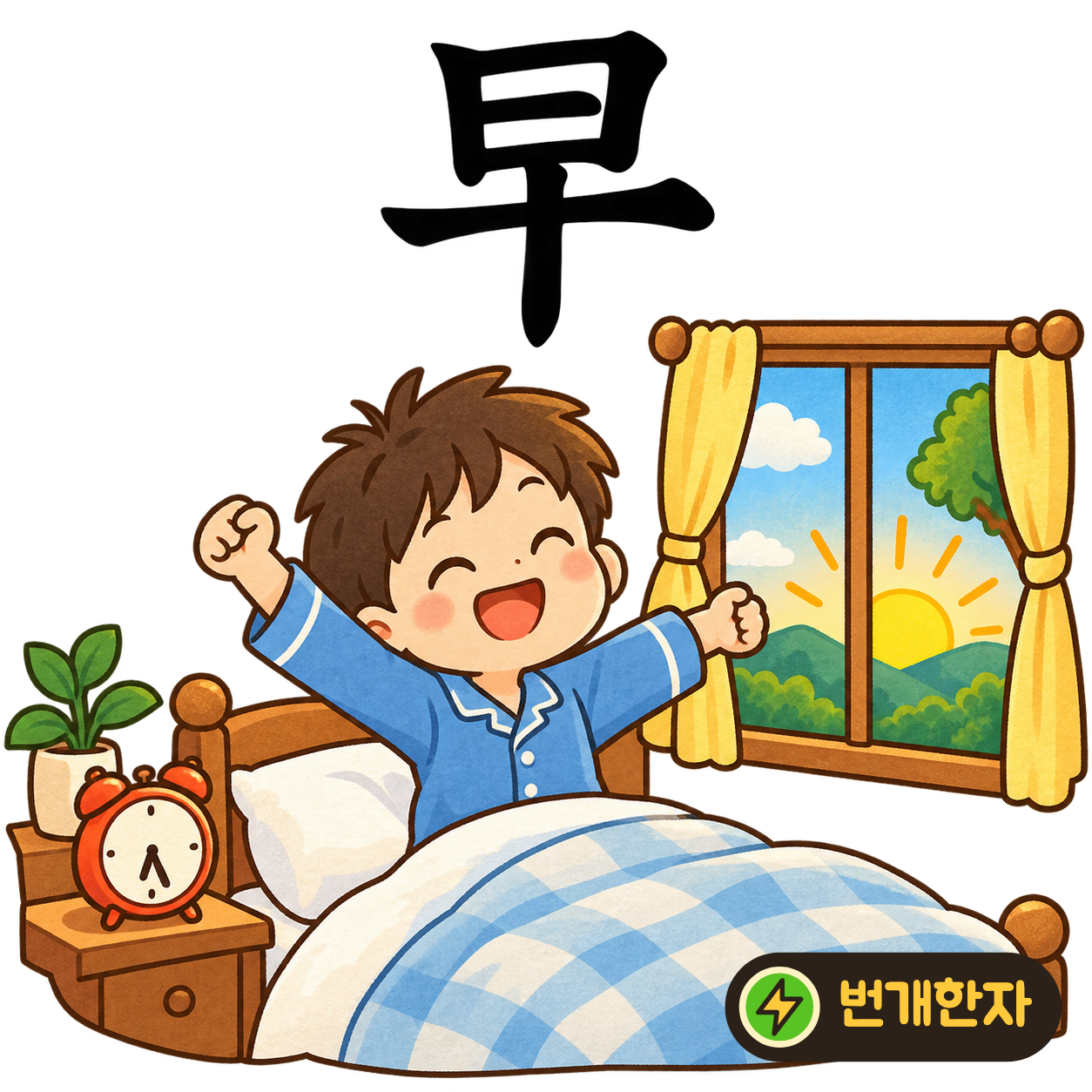早: 해 日 아래에 열 十이 있어요. 이른 아침 해가 솟자마자 할 일을 표시하는 모습으로 기억해요. (기억 그림)