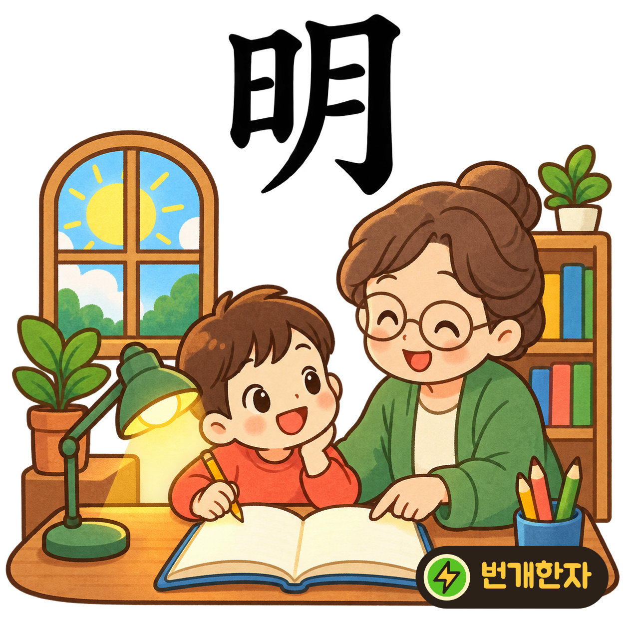 明: 해 日과 달 月이 나란히 있어요. 해와 달이 함께 비추니 환하게 밝다고 상상해요. (기억 그림)