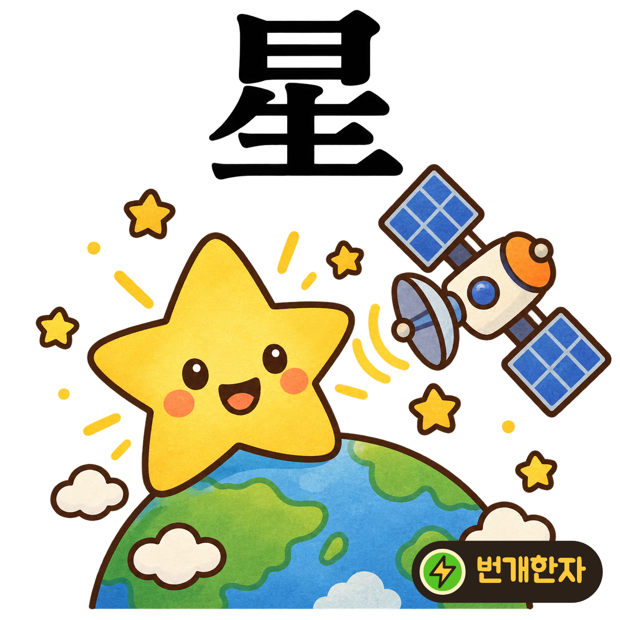 星: 해 日 아래에 날 生이 있어요. 하늘에서 작은 빛이 태어나 별이 된다고 상상해요. (기억 그림)