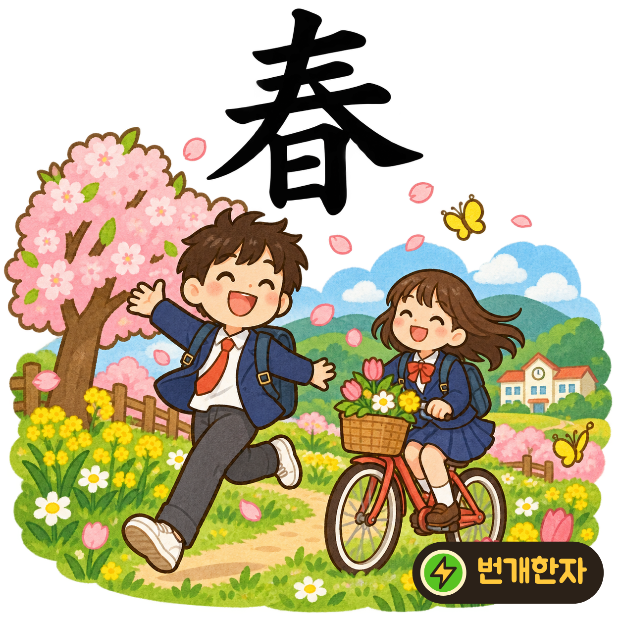 春: 윗부분의 펼쳐진 획 아래에 해 日이 있어요. 봄 햇살을 받고 새싹들이 쑥쑥 나오는 모습을 떠올려요. (기억 그림)