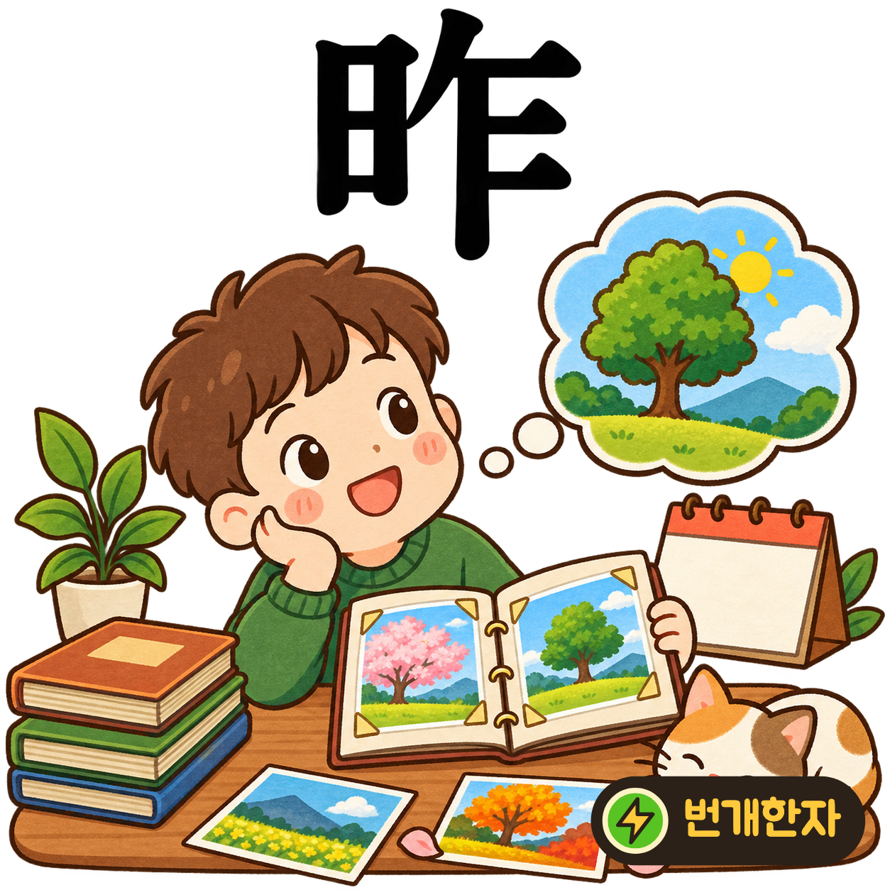 昨: 해 日 옆에 乍가 있어요. 옆 칸으로 지나간 해를 보며 어제를 떠올리는 달력을 상상해요. (기억 그림)